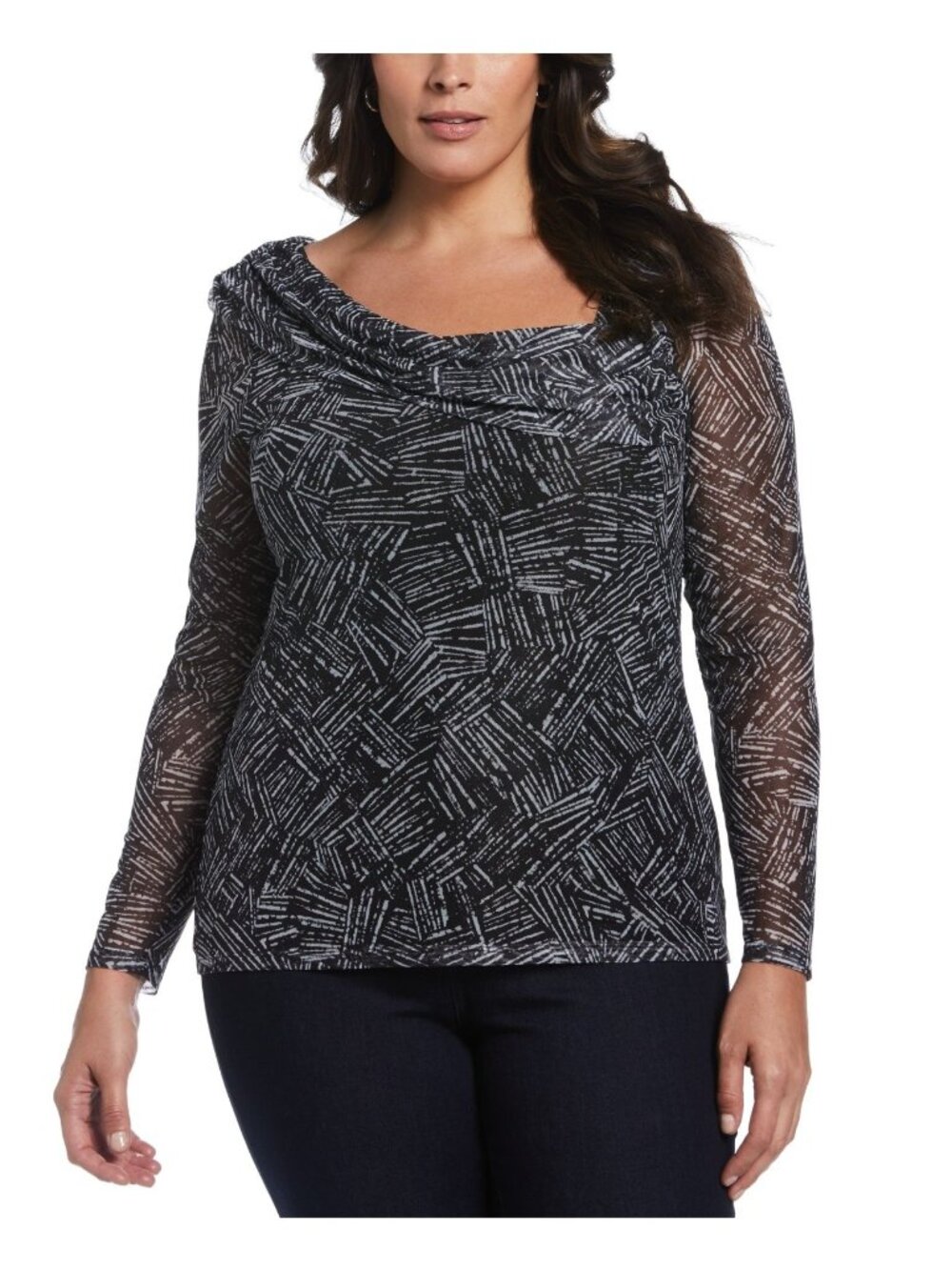 ELLA Rafaella Plus Size 1X Printed Asymmetrical Mesh Top Black Cowl Neck $79 NEW